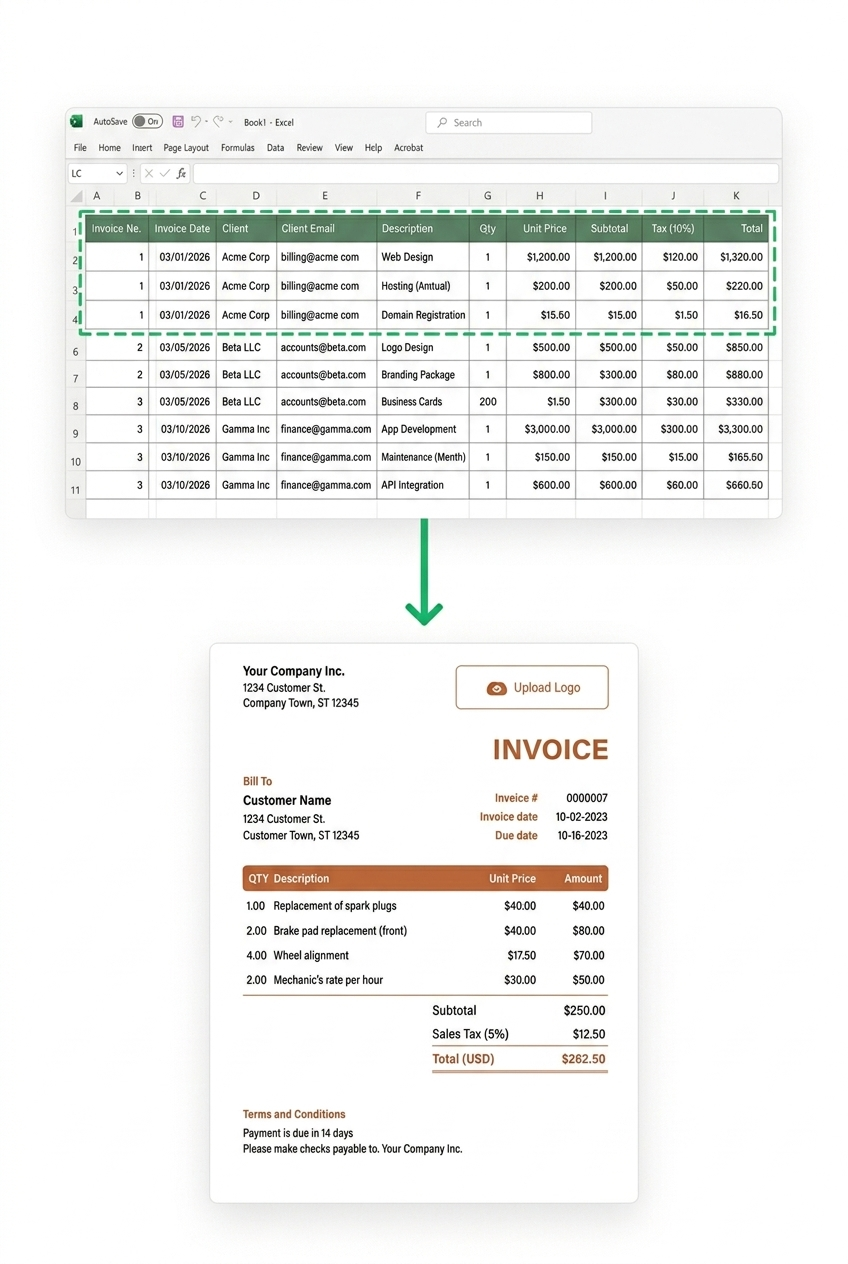 LinkoPDF spreadsheet to invoice PDF workflow